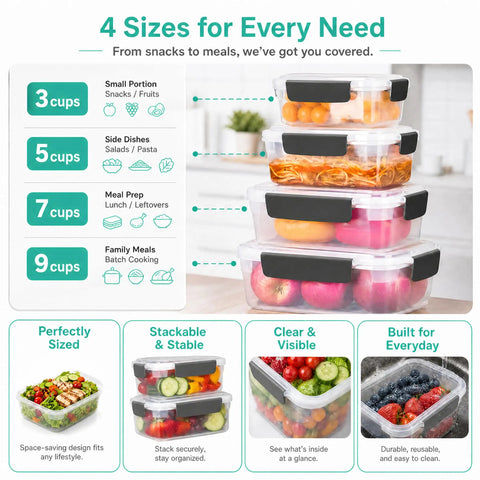 Stacked assortment of plastic food storage containers demonstrating various sizes and capacity, lids displayed separately.