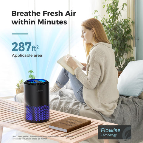 Air Purifier For Bedroom And Office With Sleep Mode And Speed Control, 360 Degree Filtration Cuts Smoke Pollen Dander Hair Odors, Quiet, Easy Setup, MK01 Black placed on table beside person