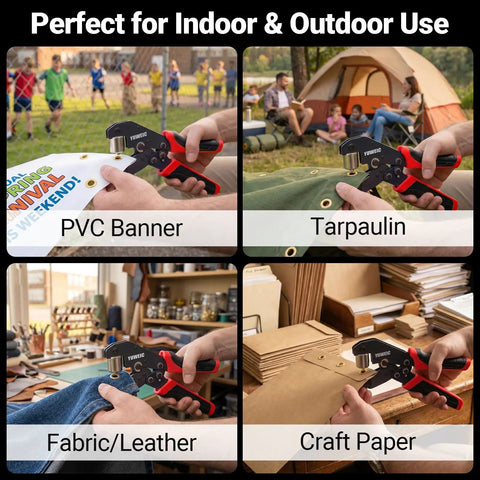 DIY Friendly Grommet Kit With Case Pro Grade Hole Punch Set used on PVC banner, tarpaulin, fabric, and craft paper.