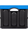 Heavy Duty Collapsible Storage Bin With 12 Gallon Capacity And Built In File Organizer Rails For Home Office Garage Car Trunk Folding Plastic Tote With Easy Grip Handles Black Blue, front view.
