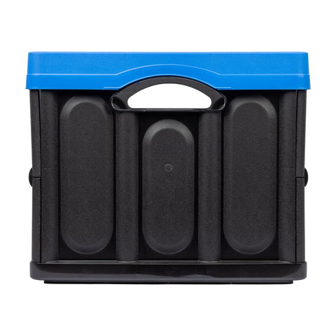 Heavy Duty Collapsible Storage Bin With 12 Gallon Capacity And Built In File Organizer Rails For Home Office Garage Car Trunk Folding Plastic Tote With Easy Grip Handles Black Blue, front view.