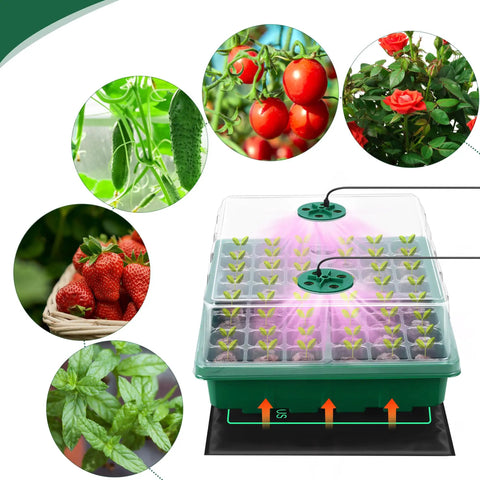 Seed Starter Kit With Grow Light And Heat Mat, 48 Cell Seed Tray, Humidity Dome And Base Germination Trays, Plastic Propagation Kit For Easy Seed Starting, Green