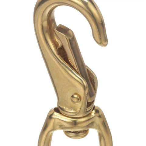 Close-up of Cast Brass Swivel Eye Snap Hook For Marine Rigging And Fishing Lines, 360 spin anti tangle design.