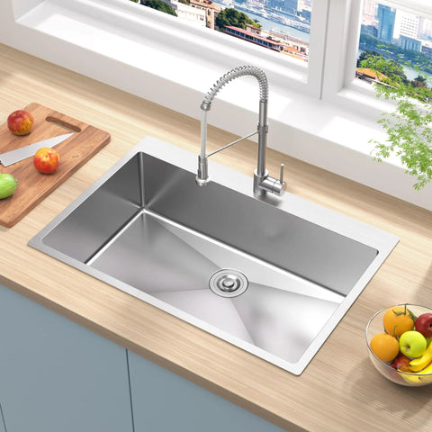 Top view of 33x22 Drop In Kitchen Sink With 18 Gauge T304 Stainless Steel Top Mount Single Bowl 9 Inch Deep Basin with faucet