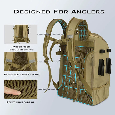Fishing Tackle Backpack With Rod Holder And Four Tackle Boxes, 40/26L Capacity showing padded straps, reflective safety features, khaki large