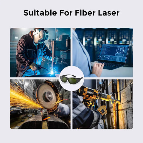 Top Notch Fiber Laser Safety Goggles For 1064Nm Eye Protection And Laser Engraving Gear with welding, cutting, and engraving imagery.