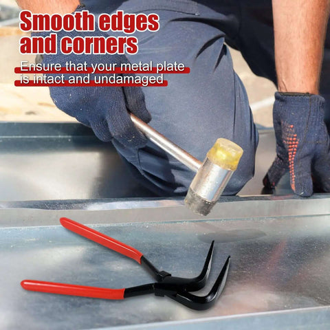 Premium Steel Hand Seamer Set For Sheet Metal Bending And Flattening With Anti Slip Handle Straight 45 Degree And 90 Degree Pliers Compact Bender Tools For Edges TD112 in use on metal surface