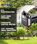 1/2HP 115V Cast Iron Portable Water Transfer Pump with Brass Connectors watering a garden
