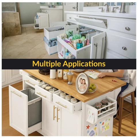 Heavy Duty Ball Bearing Side Mount Drawer Slides With White Finish, organized storage in kitchen and bathroom cabinets
