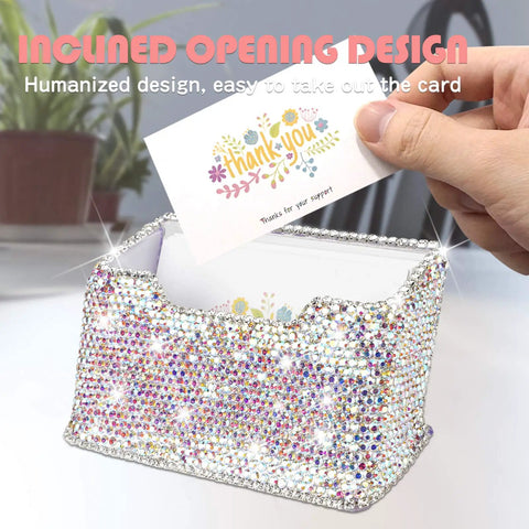 Crystal Rhinestone Card Holder Desk Stand For Office Boss Glam Bling Display With White Crystal Accessories Luxurious Yet Practical Name Card Organizer For Women Elegant Desk Accessory For Professional Meetings And Everyday Use showcasing card removal design