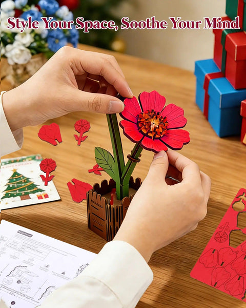 Hands assembling 3D Wooden Flower Puzzles For Adults No Glue Needed Building Craft Kits For Cool Gift Ideas Housewarming And Relaxing Weekend Projects Laser Cut Realistic Floral Sets You Assemble And Display.