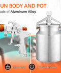 Pro Grade HVLP Siphon Paint Spray Gun Featuring 1000CC Aluminum Cup And Built In Pressure Regulator with aluminum alloy body and pot.