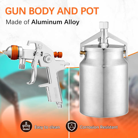 Pro Grade HVLP Siphon Paint Spray Gun Featuring 1000CC Aluminum Cup And Built In Pressure Regulator with aluminum alloy body and pot.