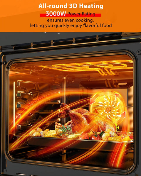 Inside view of Built-In 24-Inch Electric Wall Oven With 2.5 Cu Ft Convection, chicken cooking, 3D heating illustration