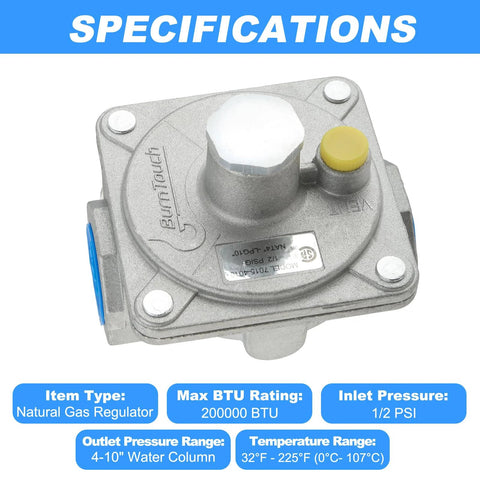 3/4-inch natural gas pressure regulator, front view; metal body with white adjustment knob and yellow cap.