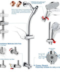 Diagram of rotatable dual shower head with handheld combo for family use, polished chrome with adjustable slide bar and diverter.