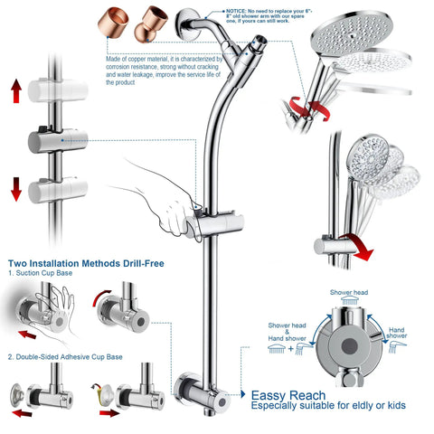 Diagram of rotatable dual shower head with handheld combo for family use, polished chrome with adjustable slide bar and diverter.