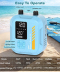 Rechargeable Electric Paddle Board Pump With Auto Off Portable Sup Inflator features display and controls on sandy beach.