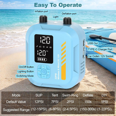 Rechargeable Electric Paddle Board Pump With Auto Off Portable Sup Inflator features display and controls on sandy beach.