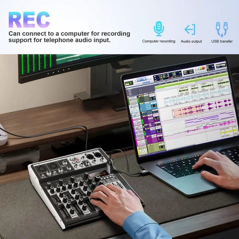 Person using 4 Channel Karaoke DJ Mixer With Bluetooth USB Audio Interface 16 Bit DSP Effects Plus 48V Phantom Power connected to laptop