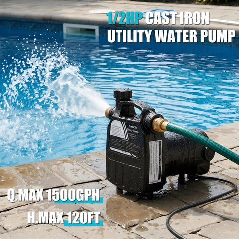 Heavy Duty Cast Iron Water Transfer Pump 115V 1/2HP 1500 GPH Portable Electric Utility Pump draining water by a pool.