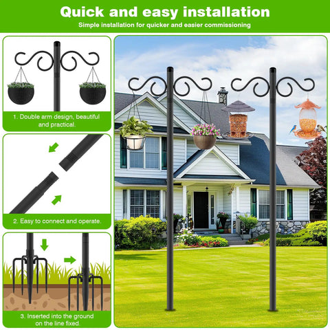 Two Pack 90 Inch Bird Feeder Pole With Five Prongs Base Heavy Duty Double Shepherds Hooks For Outdoor Garden Hanging Lanterns Pots Baskets And Bird Nests Go To Outdoor Decor installed in garden
