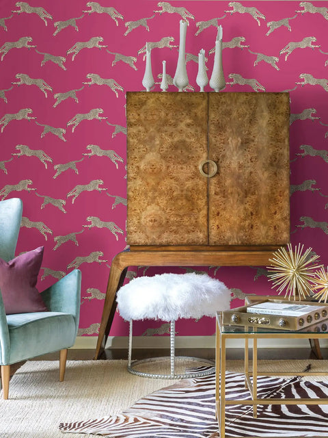 Living room with Dope Pink Leaping Cheetah Peel And Stick Wallpaper Self Adhesive Wall Covering For Bedrooms And Living Rooms Removable