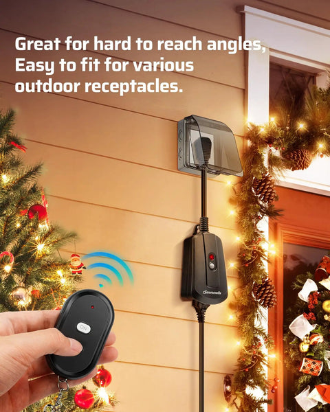 Rugged Built Tough Outdoor Wireless Remote Outlet Switch for lights and decor in use, showing remote control and outdoor setup.