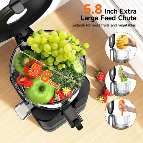 This Super Quiet 400W Cold Press Juicer Boasts A Massive 5.8 Inch Wide Chute For Fast And Easy Prep with assorted fruits.