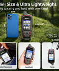 F60 Handheld GPS Navigation Device For Hiking displayed with size dimensions and usage options, hanging and handheld views.