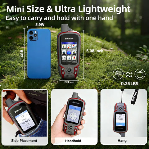 F60 Handheld GPS Navigation Device For Hiking displayed with size dimensions and usage options, hanging and handheld views.