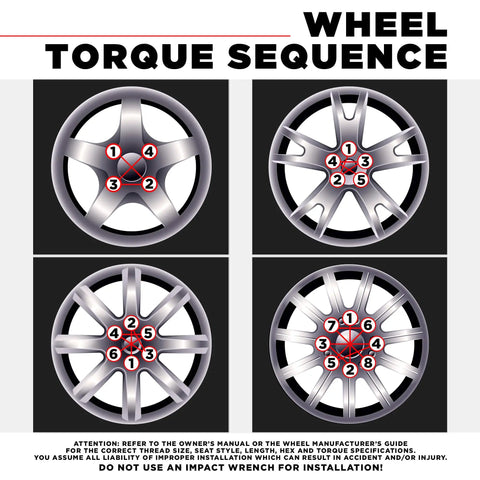 Diagram of wheel torque sequence for Zinc M12x1.25 Open End Bulge Acorn Lug Nuts With 60 Degree Conical Seat