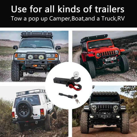 Heavy Duty Trailer Hitch Ball Mount With Tow Shackle And Three Quarter Inch Hitch Pin Clip For Trucks SUVs And Cars shown with various vehicles