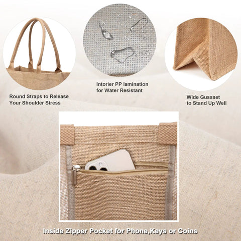 Detailed view of 12 Pack Burlap Tote Bags Bulk Reusable Gift Bags With Handles And Inner Zipper Pocket Laminated Interior