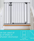 Secure Space Extra Wide Kid Safe Baby And Pet Gate For Doorways And Stairs Fits Openings From Twenty Eight And A Half Inches To Fifty Two Inches Wide Thirty Inches Tall Pressure Or Hardware Mounted Auto Close And Hold Open Grey at staircase top