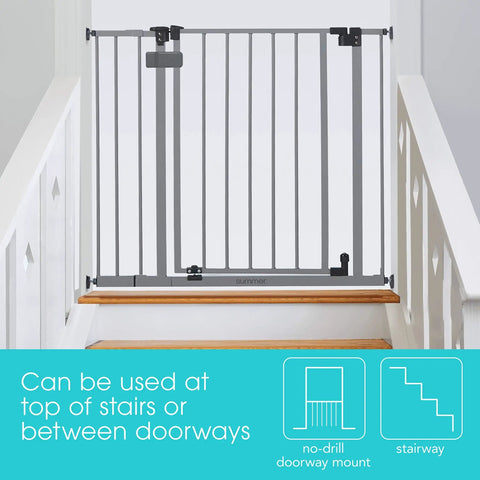Secure Space Extra Wide Kid Safe Baby And Pet Gate For Doorways And Stairs Fits Openings From Twenty Eight And A Half Inches To Fifty Two Inches Wide Thirty Inches Tall Pressure Or Hardware Mounted Auto Close And Hold Open Grey at staircase top