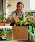 Woman using PH Balanced Potting Soil For Indoor And Outdoor Plants With Moisture Control And Aerated Texture Using Natural Reusable Fiber Formula For Transplants And Hydroponic Systems Ideal For Flowers Veggies Patio Garden No Mess, displaying coconut coir brick and green tools