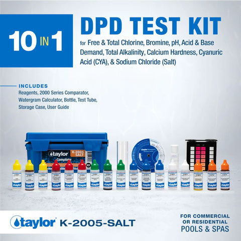 Top Shelf Saltwater Pool Test Kit Featuring FAS DPD High Range Chlorine Checker For Spas And Pools That Tests Nine Essential Water Parameters Daily Now with bottles and case
