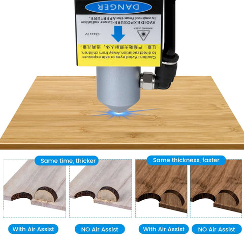 Comgrow Air Assist for Laser Cutter and Engraver installed on laser head, adjustable 30 L/min airflow over wood