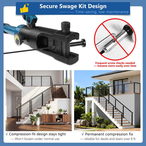 Close-up of secure swage kit design for cable railing installation. Part of Totally Modular Cable Railing Kit For Decks And Patios Featuring 42 Inch Stainless Wire Posts Quick Diy Assembly No Sweat Installation Complete Outdoor Safety Barrier System.
