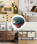 Vintage Blue Glazed Ceramic Cabinet Knobs 10 Pack shown on various furniture for home decor upgrade, classic retro look