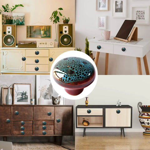 Vintage Blue Glazed Ceramic Cabinet Knobs 10 Pack shown on various furniture for home decor upgrade, classic retro look