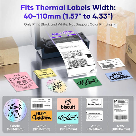 Wireless 4x6 Bluetooth Thermal Label Printer For Small Business And Shipping Print From IPhone Android Windows MacOS Easy App Connectivity For Amazon FBA And Shopify Orders Compact Desk Friendly shown with various label sizes