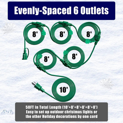 Image of a green 50 Foot Outdoor Extension Cord With Six Evenly Spaced Outlets and Waterproof Cover on a snowy background.