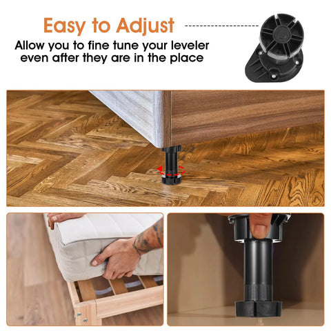 Adjustable Furniture Leveling Feet Set, 12 Pieces, Heavy Duty Cabinet Levelers shown under wooden bed frame for stability.