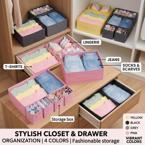 8 Pack Fabric Drawer Organizer Bins with Versatile Multi Size Storage Cubes for Clothing and Gear to Declutter Your Dresser Effortlessly in black and pink.