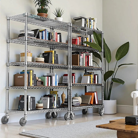 Heavy Duty 5 Tier Wire Shelving Unit With Rolling Caster Wheels Rock Solid Metal Storage Rack adjustable with books and plants