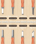 Detail carving knives in Deluxe Wood Carving Kit With Leather Case All In One Whittling Tools Set, shown in size and shape varieties.