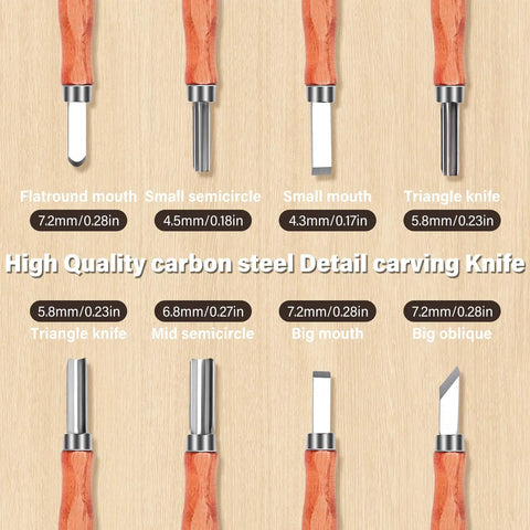 Detail carving knives in Deluxe Wood Carving Kit With Leather Case All In One Whittling Tools Set, shown in size and shape varieties.