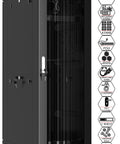 Top Tier Pro Rig 42U Server Rack Cabinet With Rolling Casters Secure Locking Doors Built In LCD Screen Quad Fans Climate Control Smart PDU Power Strip Shelf And Rail System For Your Setup Black close-up view with keys and locking mechanism